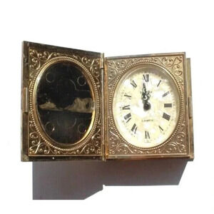 Vtg Europa Germany 2 Jewel Wind Up Book Alarm Clock W/ Photo Holders Working
